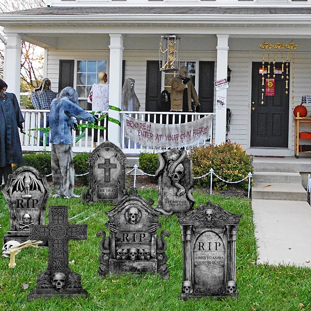 Halloween Decorations Outdoor Graveyard Tombstones: 6ct Large Tombstone Halloween Decor Yard Signs with Stakes, 16" Realistic Scary Skeleton RIP Cemetery Gravestones for Yard Lawn Outside Home Party