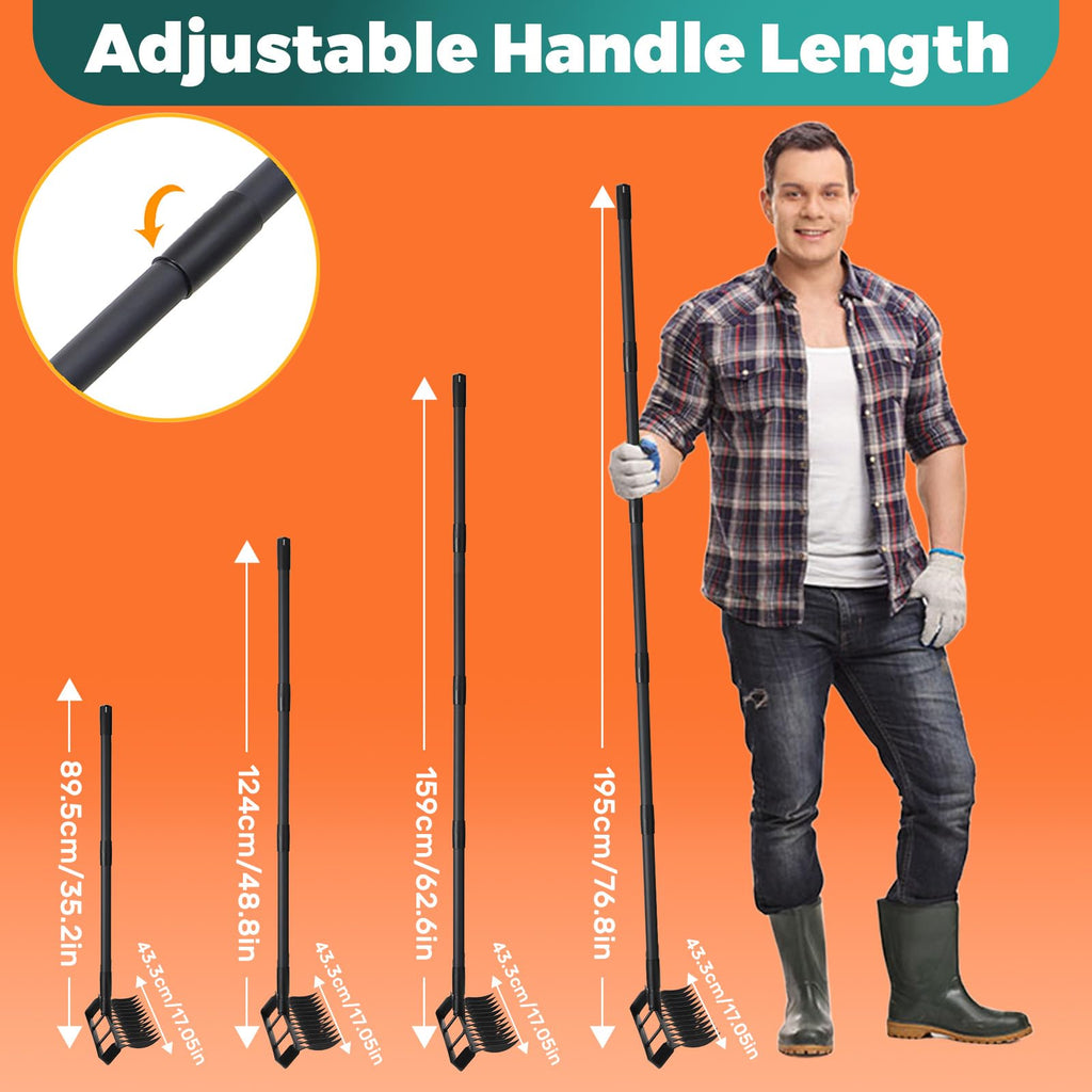 Stirrup Hoe with 76.8" Adjustable Long Handle Weed Puller Heavy Duty Garden Hoe with 12 Tines Rake 2-in-1 Gardening Tool for Loosening Soil, Gathering Leaves, Weeding
