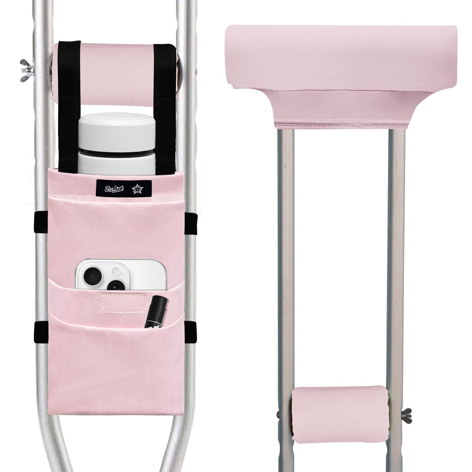 SPRING SEAON Crutches Padding & Crutch Bag (5 PCS) - Crutch Pads for Armpits and Hand Grips Water-Resistant Pouch for Crutches Crutch Cushions Crutches Accessories for Kids, Men, Women Pink
