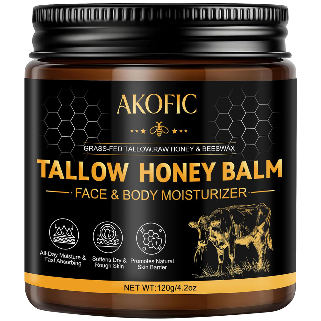 AKOFIC Beef Tallow for Skin, Tallow and Honey Balm, Organic Grass-Fed Beef Tallow for Face with Raw Honey and Beeswax, Body & Face Moisturizer for Dry/Sensitive Skin, Natural Formula, Light Scent