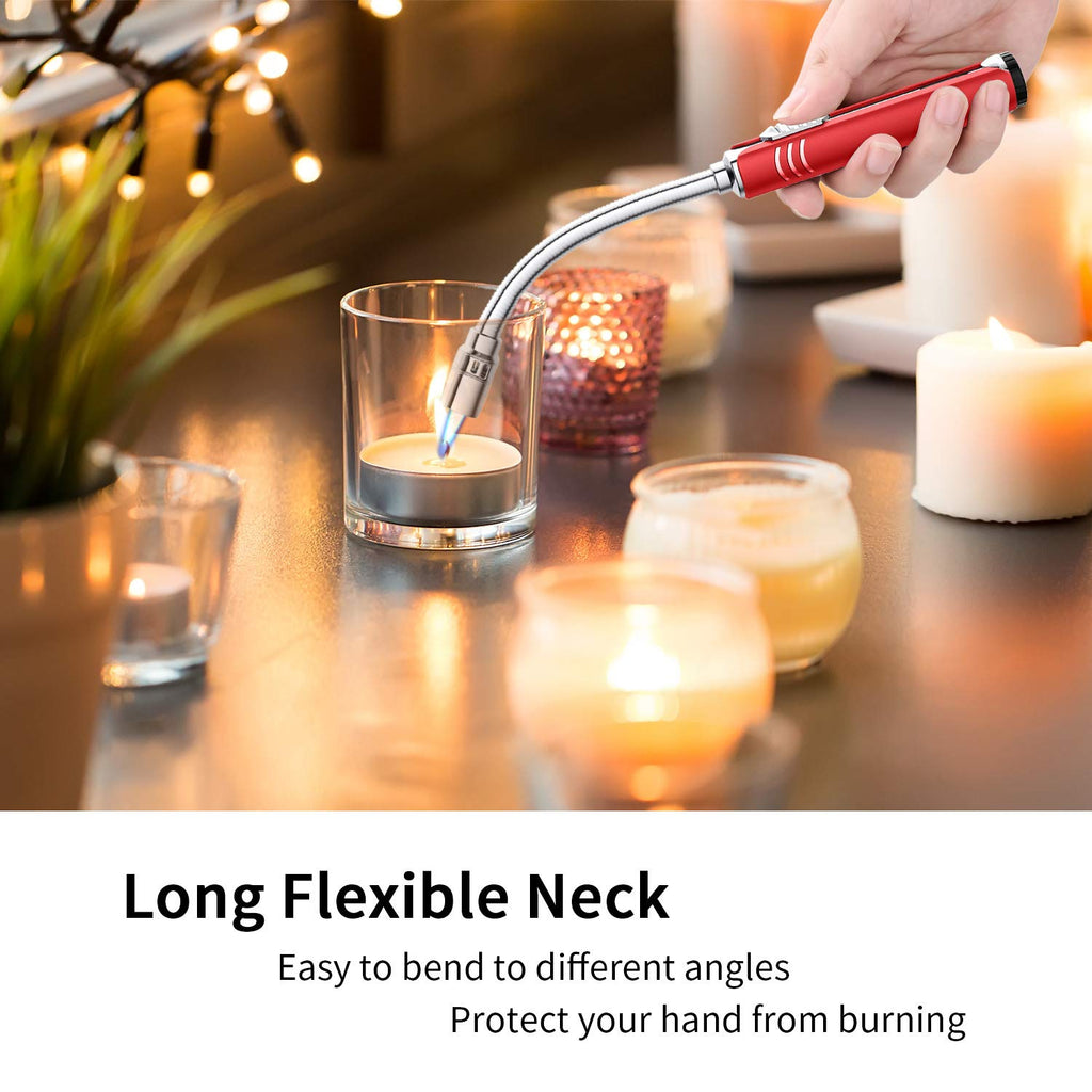 Butane Lighter Torch Long Lighter Refillable Adjustable Jet Flame Lighter Windproof Flexible with Visual Fuel Window Blow Torch for Stove BBQ Grill Fireplace Camping Kitchen (No Gas Include) - Red