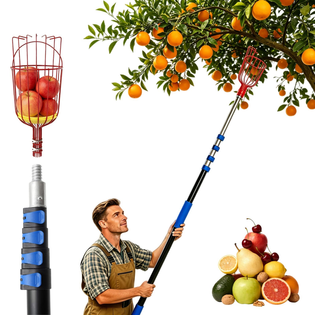Karveden 18FT Reach Fruit Picker Pole with Basket Telescoping, 3-12FT Extendable Aluminum Apple Picker for Picking Avocados, Figs, Mangoes, Citrus Fruits - Durable Harvesting Fruit Catcher for Trees