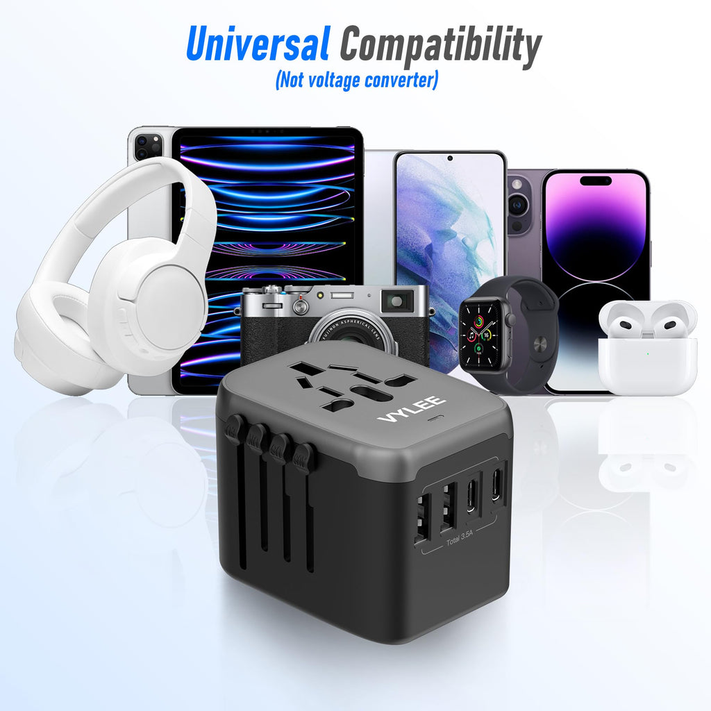 VYLEE Universal Travel Adapter, 5 in 1 International Power Adapter with 3.5A 2xUSB-A & 2xUSB-C Ports, Travel Plug Adapter Worldwide for Europe USA UK AUS Travel Essentials (Black Grey)