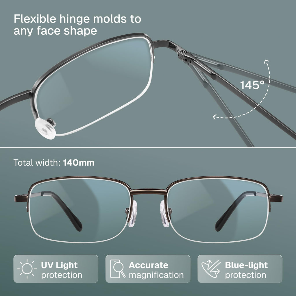NOVIVON 2.5 Metal Reading Glasses Men - Durable Readers with Blue Light Filtering - Clear Vision