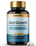 Wellanova Women's Hair Growth Supplement – Biotin 10,000mcg with Keratin, Collagen & Ashwagandha – 21-in-1 Hair Vitamins for Women & Men – Thickness, Strength & Fullness – 60 Capsules