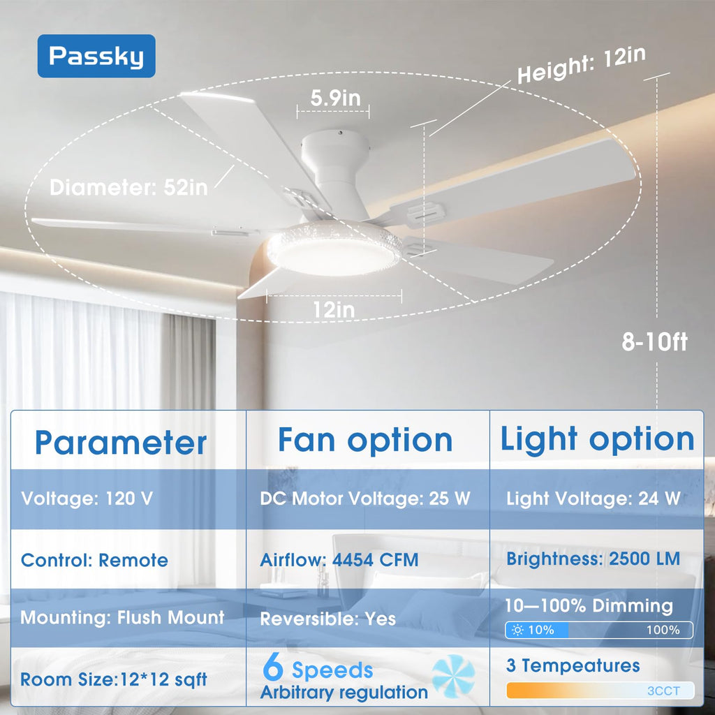 Passky Ceiling Fans with Lights, 52 inch White Flush Mount Ceiling fan with Remote Control, Low Profile Ceiling Fan for Bedroom, Farmhouse, Reversible, 3CCT, Dimmable, Noiseless DC Motor