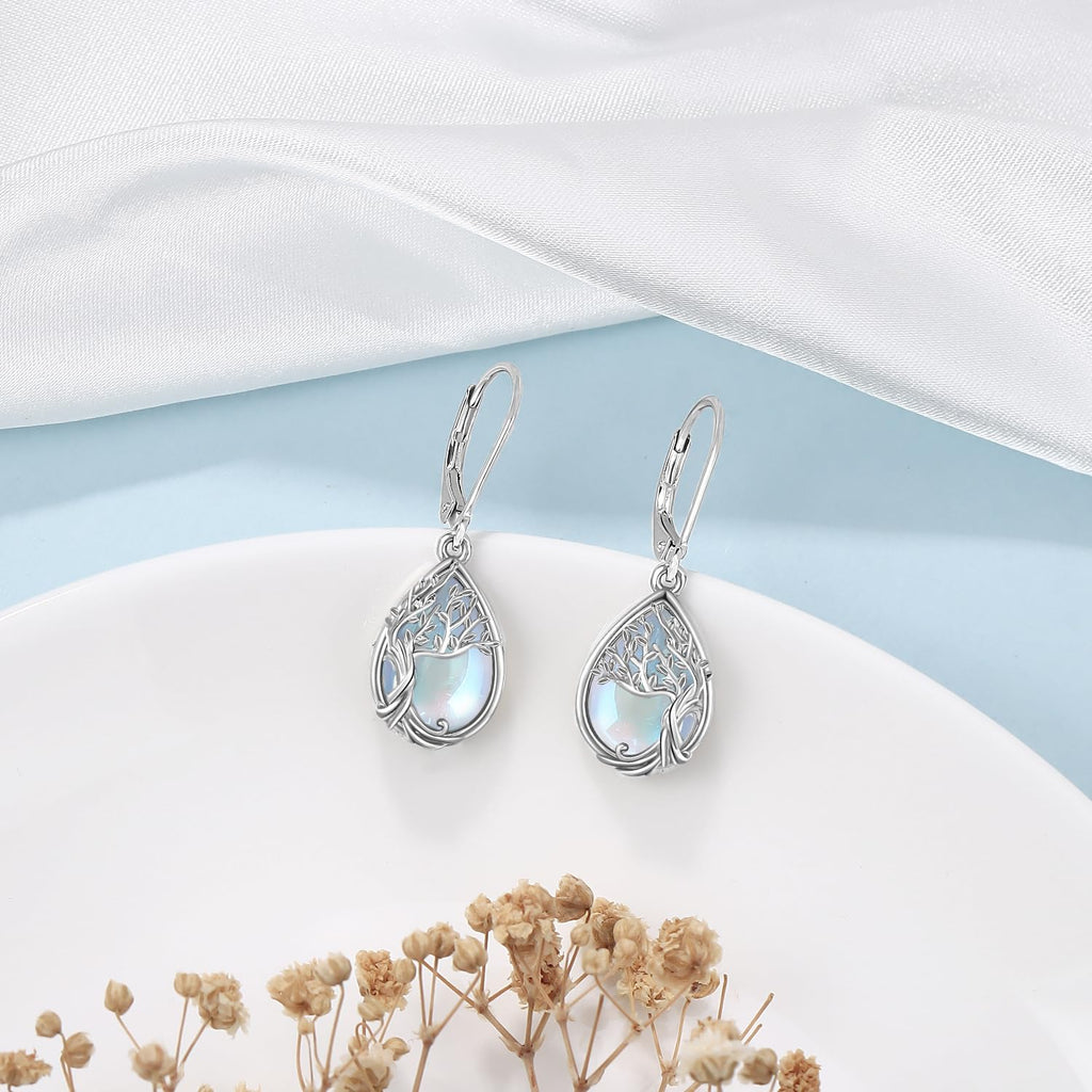 Odinstone Sterling Silver Earrings Tree of Life Moonstone Earring for Women