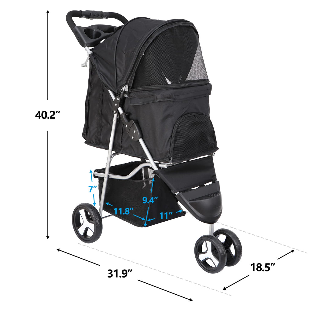 ZENY Foldable Pet Stroller, Cat/Dog Stroller with 3 Wheel, Pet Strolling Cart, Dog Travel Carrier with Storage Basket + Cup Holder, Black