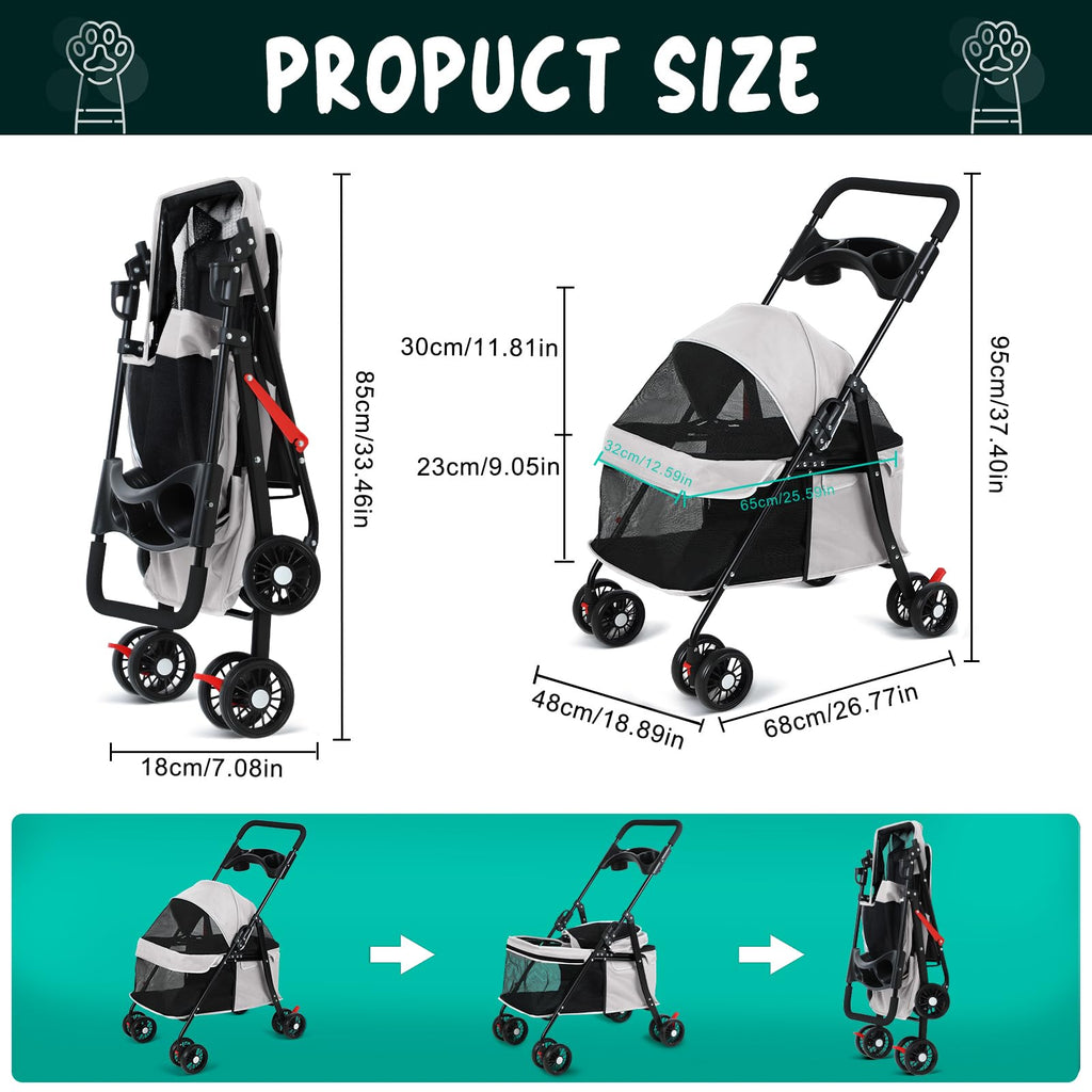 sxvbdway 4 Wheels Pet Stroller for Medium Small Dog up to 50lbs, Dog Cat Stroller, Outdoor Travel Pet Folding Strollers, Cat Cage Strollers with Cup Holder, Breathable and Visible Mesh (1 Set-Grey)