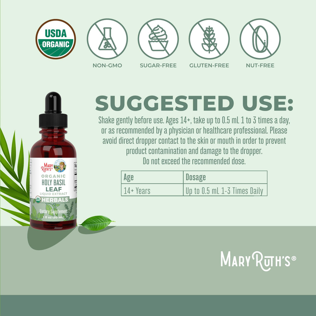 MARYRUTH'S Organics Holy Basil Sugar Free | Tulsi Holy Basil Herbal Liquid Drops | Antioxidant | Cognitive Function | Digestive Support | Energy Levels | Vegan | Non-GMO | 1 Fl Oz