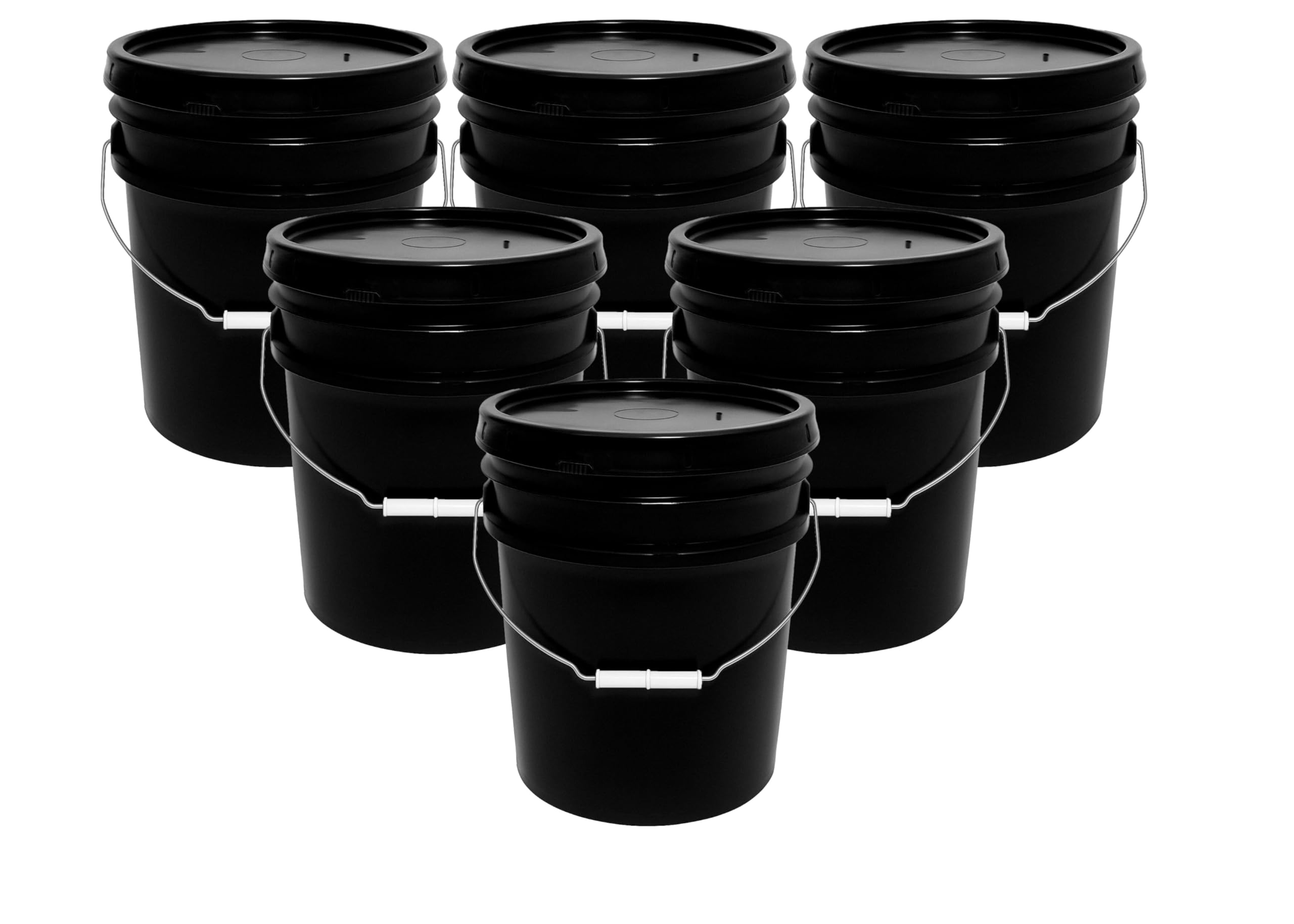 MKS Plastics 5-Gallon Bucket with Airtight Lid – Made in USA, Food Grade BPA Free Plastic, Heavy Duty Multi-Use, Metal Handle with Grip, Stackable Storage – Black, 6 Pack