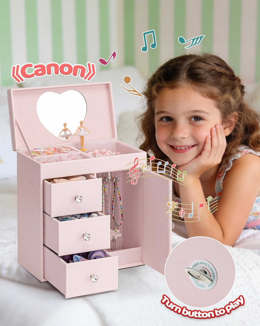 VLANDO 4 Layer Musical Jewelry Box, 3 Drawers Storage and Necklace Hook