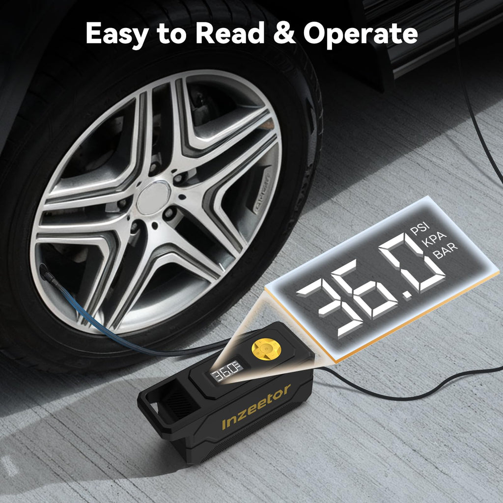 Inzeetor 150 PSI Tire Inflator Portable Air Compressor, 12V DC Auto Shutoff Air Pump with Digital Pressure Gauge and Emergency LED Light for Car Tires, Bicycle & Balloons, Black