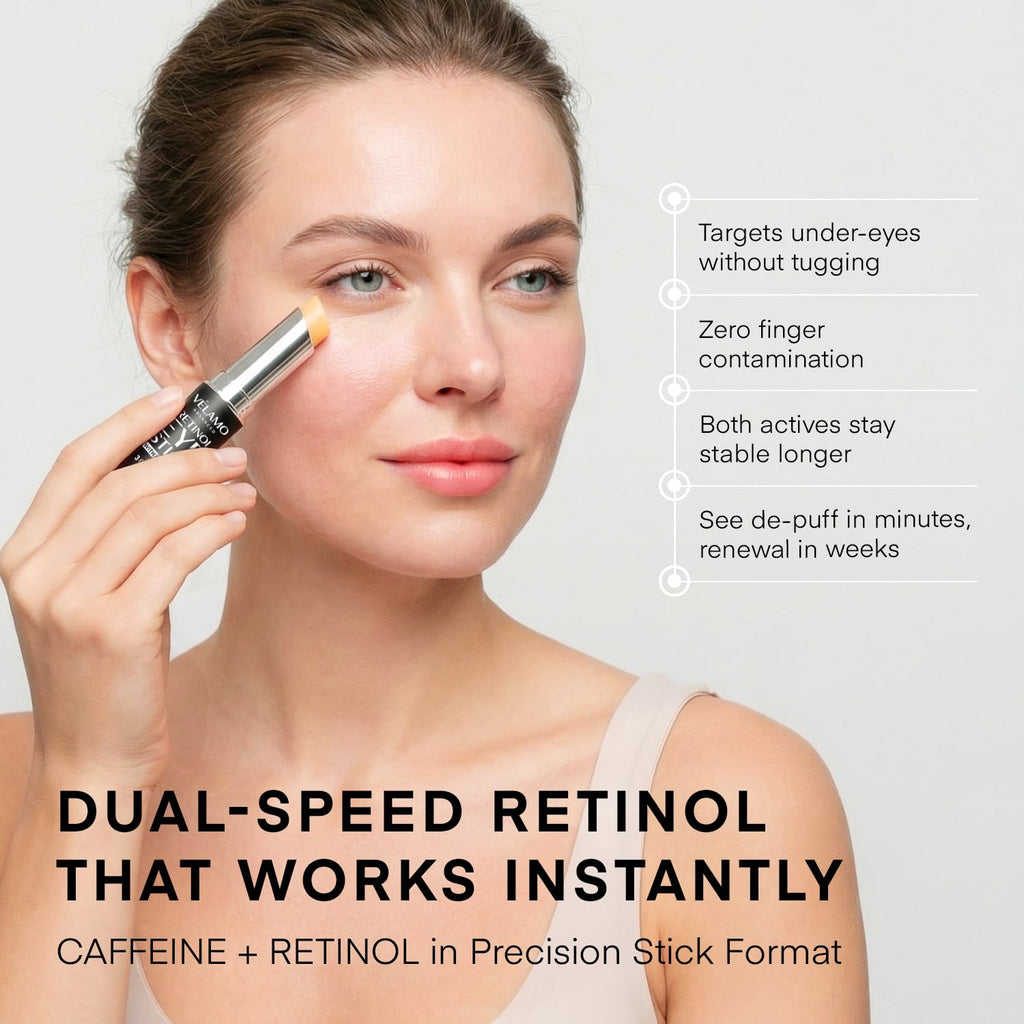 VELAMO ADVANCED Retinol Eye Stick: Retinol Eye Cream for Dark Circles and Puffiness with 1% Bakuchiol and Caffeine - Visibly Reduces Fine Lines Wrinkles Under Eye Bags with Upgraded Formula 0.1 OZ/3g