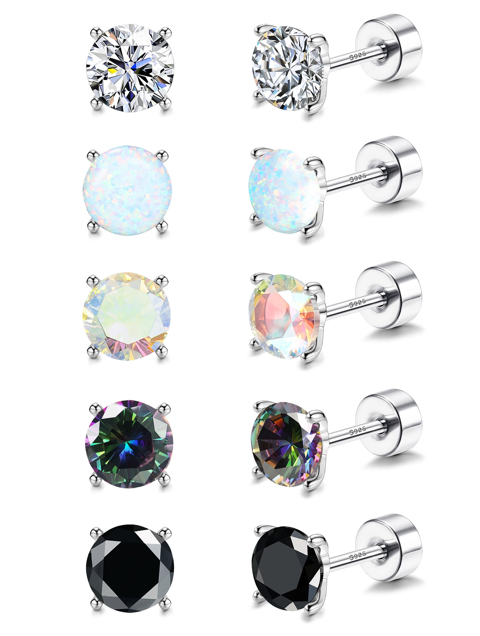 MILACOLATO 5 Pairs 925 Sterling Silver Stud Earrings for Women 6MM CZ