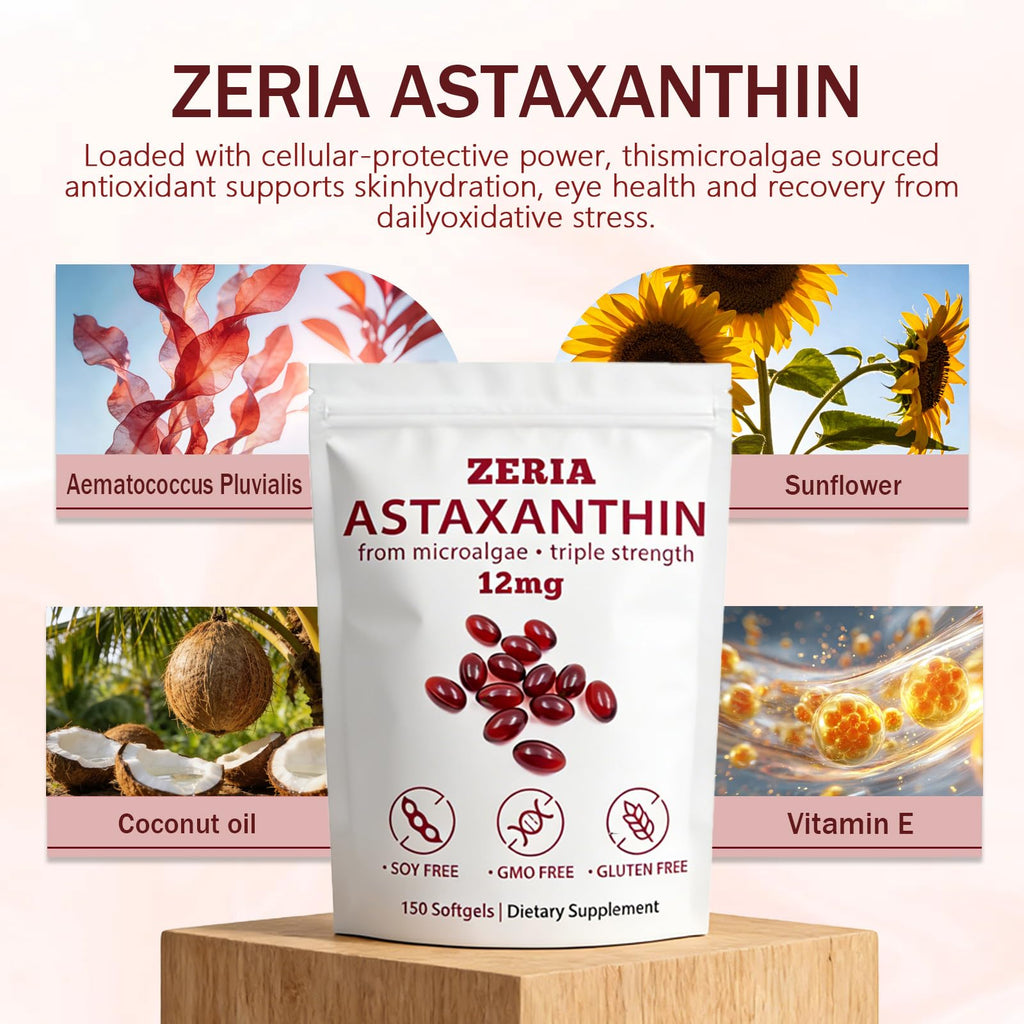 ZERIA Astaxanthin 12mg, Natural Microalgae Antioxidant for Eye, Skin & Immune Support - 150 Softgels