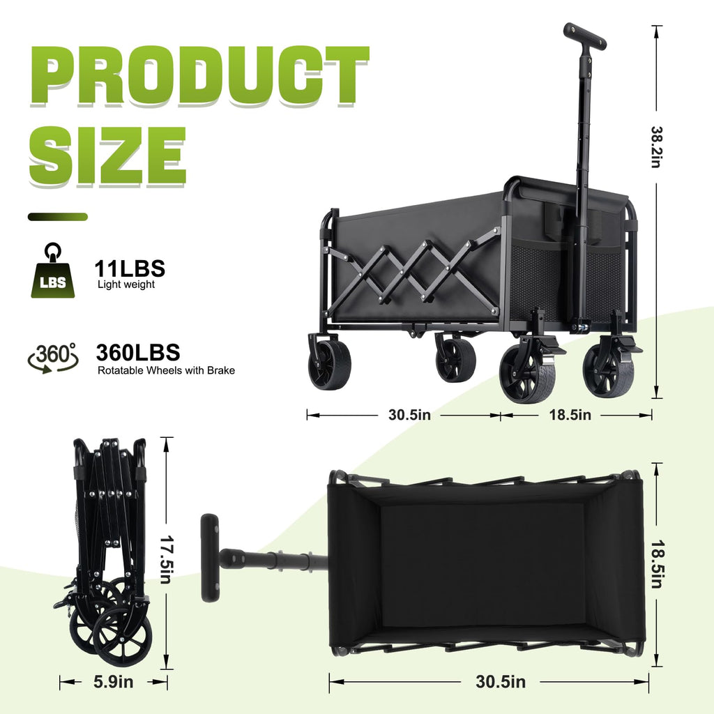Collapsible Foldable Wagon Cart with Wheels - 360LBS Folding Utility Wagon Cart with Brakes, Lightweight Portable All-Terrain Wagons for Groceries Garden Beach Shopping Camping, 2 Cup Holders/Black