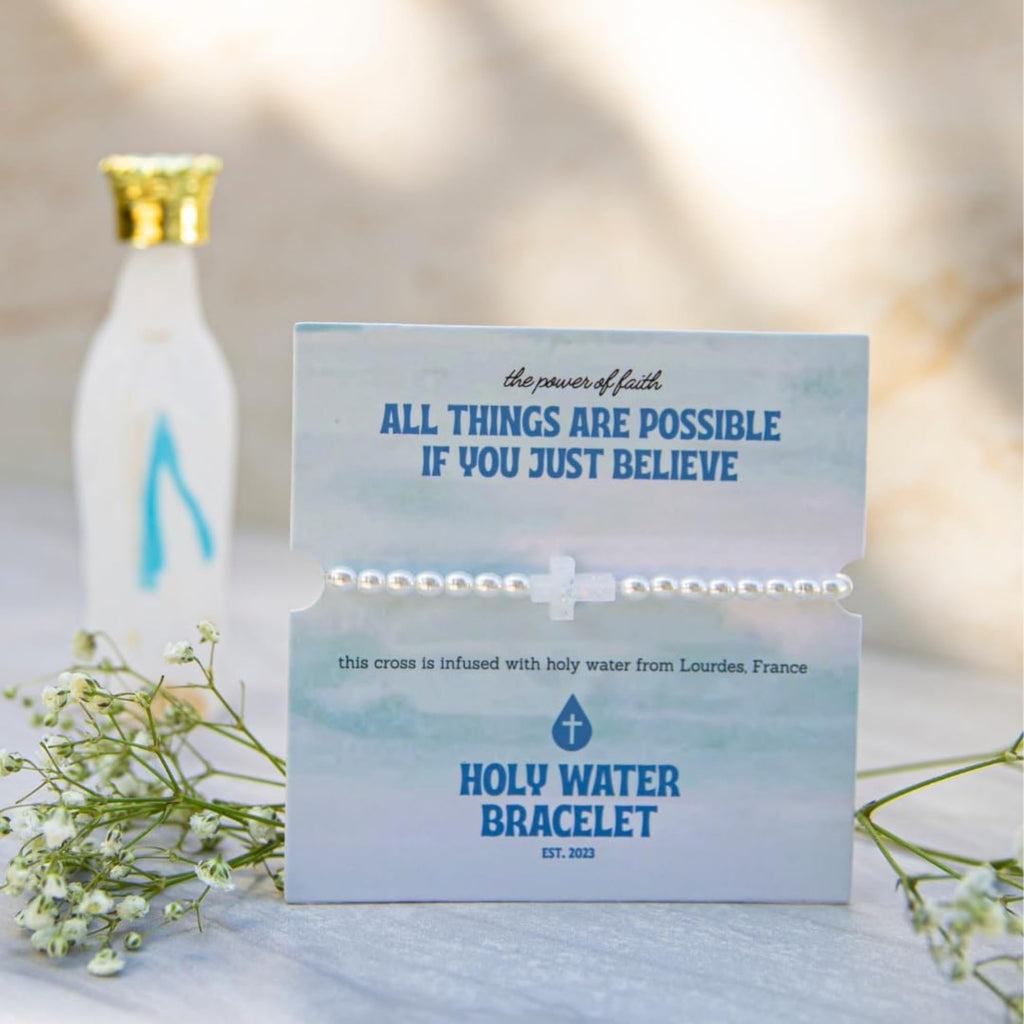 Holy Water Inspirational Stretch Bracelet for Women, Crystal Pearl Beads