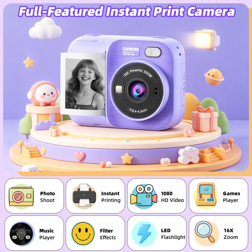 Kids Instant Print Camera with 5 Rolls Print Paper, 1080P HD Camera, Rechargeable Portable Toddler Selfie Camera, Christmas Birthday Gifts Toys for Boys Girls Age 3-12 (Purple)