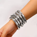 Badu 5pcs Silver Chunky Bangles Bracelets For Women Stack Layered Curved Bamboo Tube Stretch Bracelets Gift Jewelry