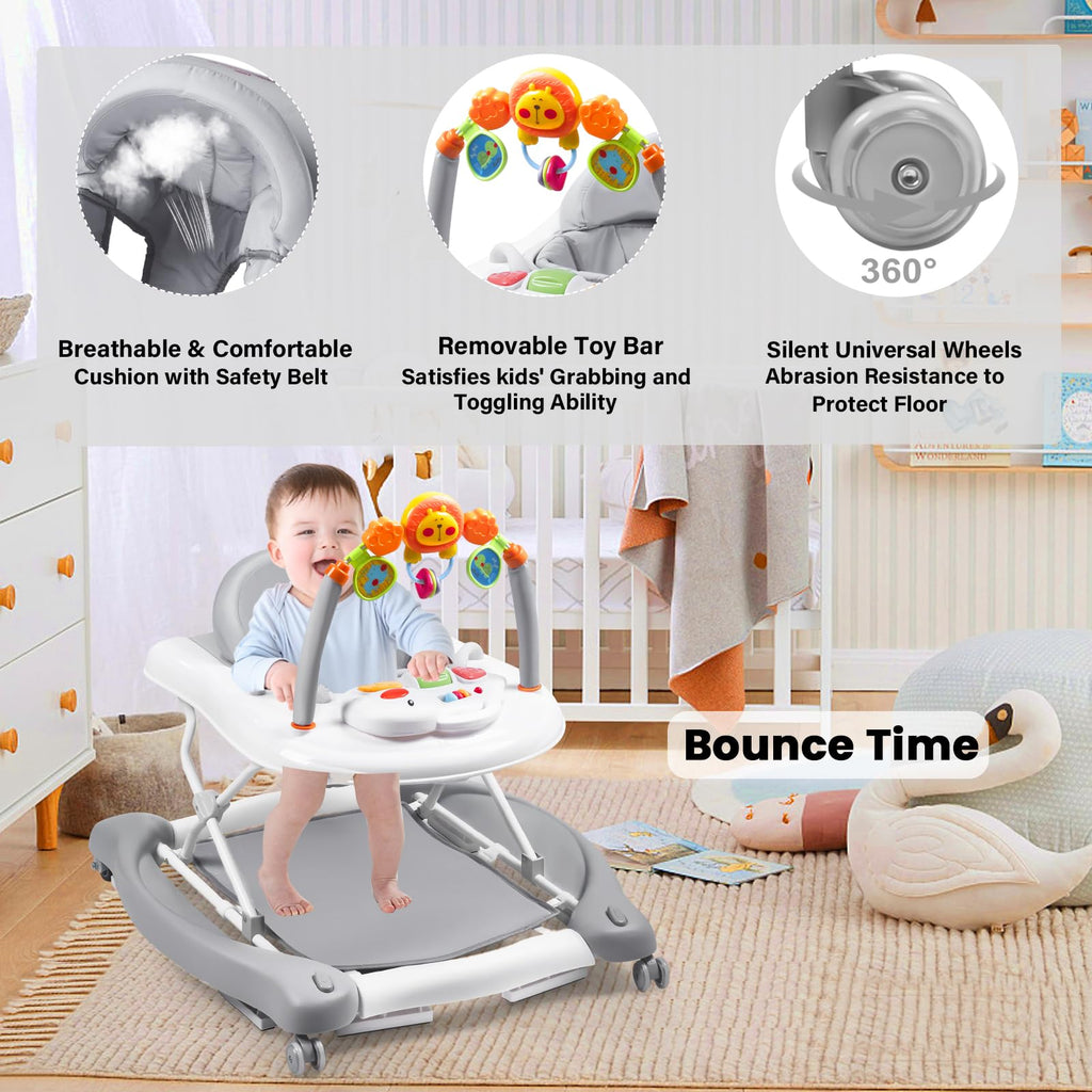 Boyro Baby Baby Walker, 5-in-1 Baby Walkers for Boys and Girls 6-12 Months with Bouncer, Removable Footrest, Feeding Tray & Music, Foldable & Adjustable Activity Walker for 6-18 Months Toddler Infant