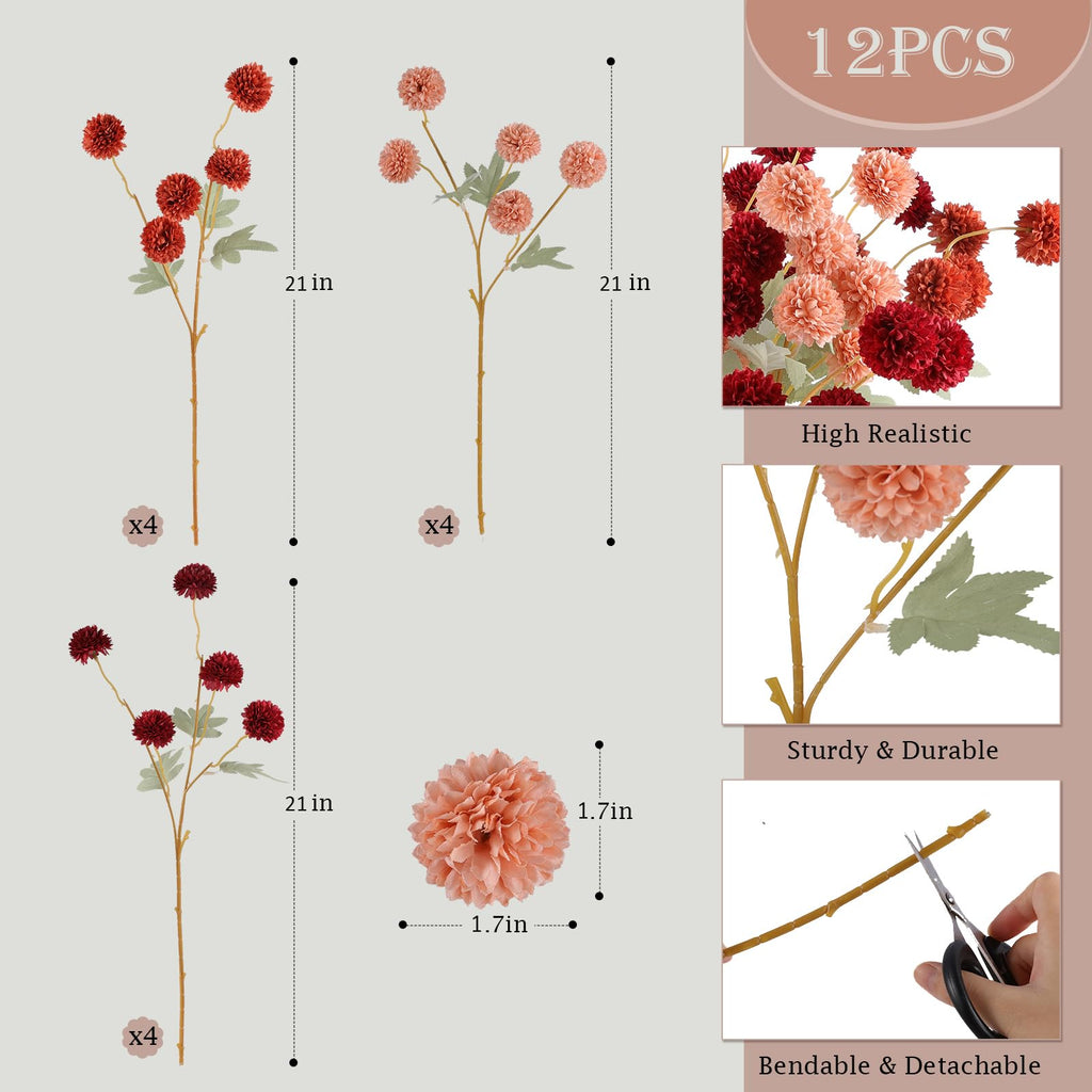Hananona 12 Pcs Artificial Chrysanthemum Flowers, Orange Kiku Pom Pom Mums Flower Faux Fall Floral for Autumn Halloween Kitchen Table Centerpiece Home Decor (12, Burgundy, Burnt Orange, Deep Peach)