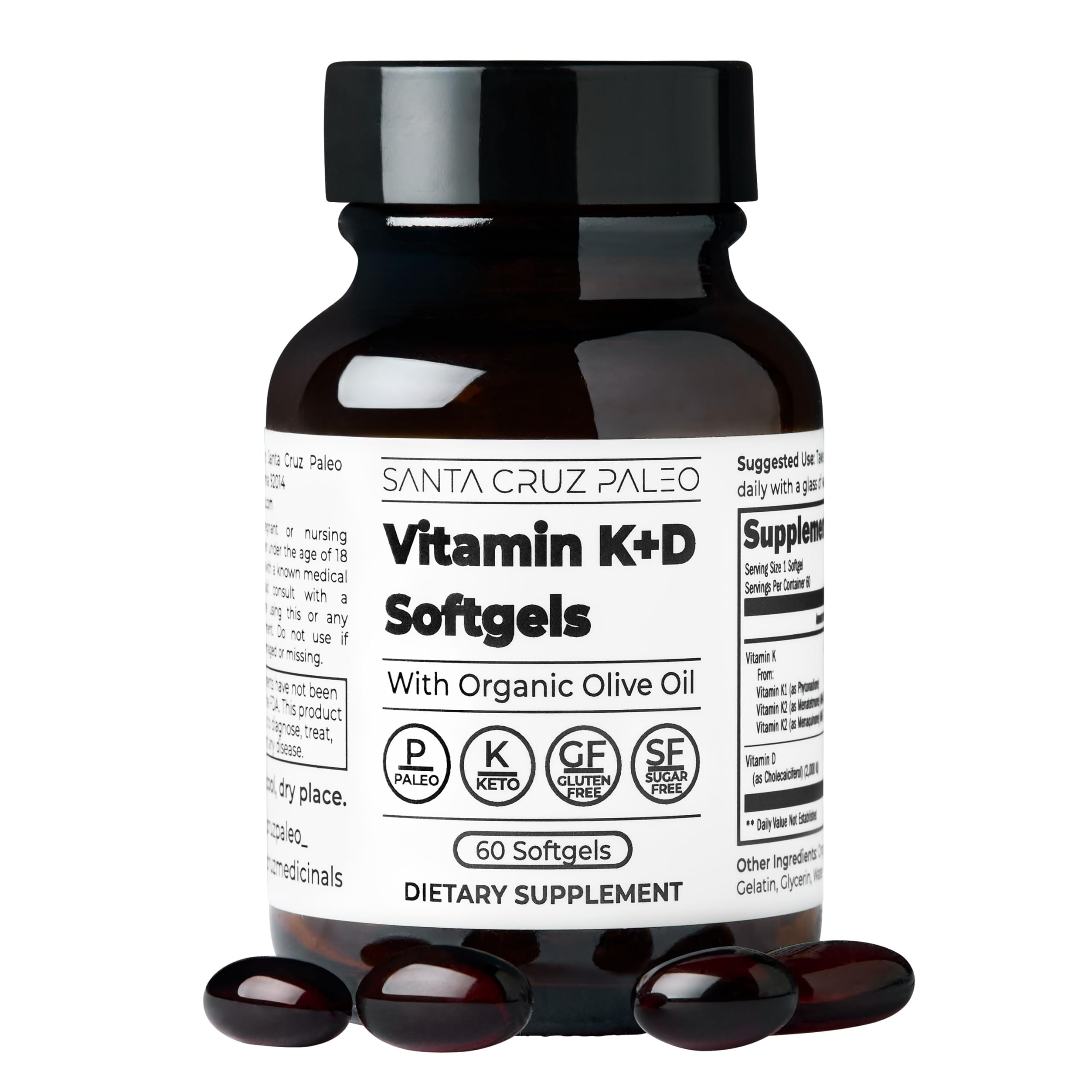 Santa Cruz Paleo Vitamin K2 + D3 Softgels, Daily Supplement with Organic Olive Oil, Includes Vitamin K1 & Two Forms of K2, Supports Heart & Bone Health, Gluten Free, Sugar Free, Paleo, Keto, 60 Count