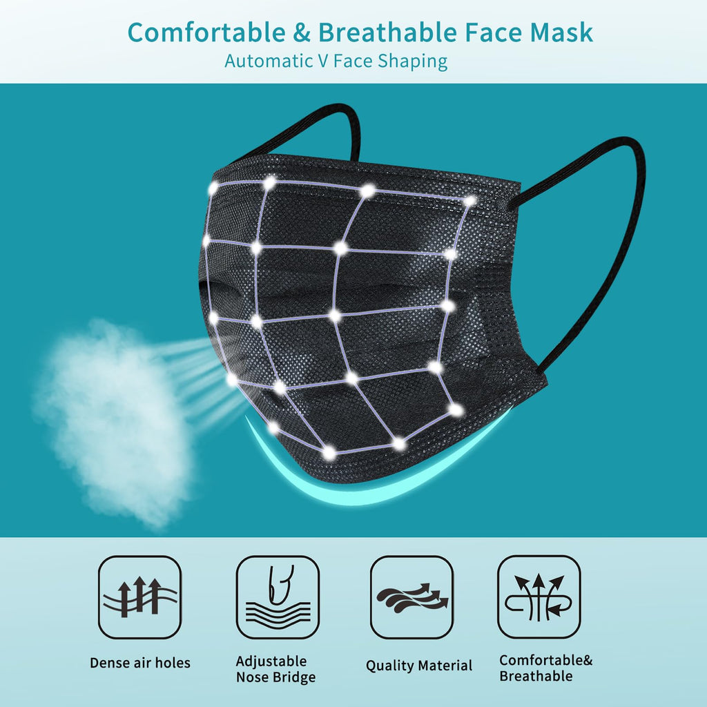 akgk 100Pcs Disposable Face Masks, Black Face Mask, 3 Ply Disposable Mask