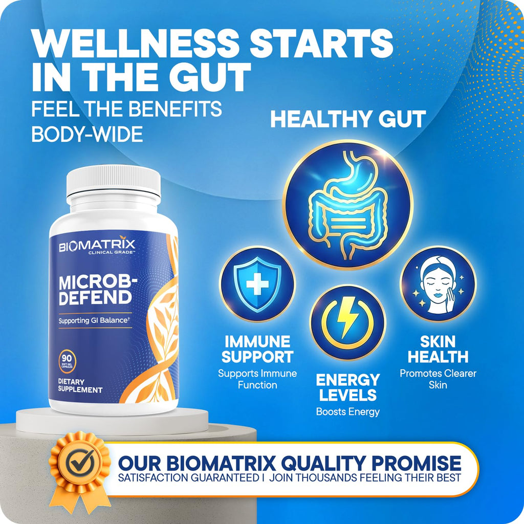 BioMatrix Biofilm Disruptor, GI Repair Digestive Supplement for Men and Women, Oil of Thyme, Oregano & Clove, Gut Microbiome & Intestinal Health Support | Microb-Defend (90 Softgels)