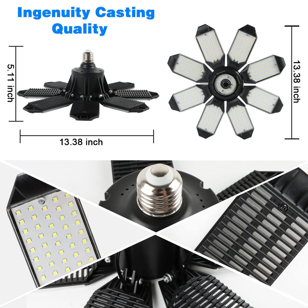 POLARPRA Led Garage Light - 20000LM Super Bright 6500K Garage Lights Ceiling Led w/ 8 Adjustable Panels Garage Shop Light Compatible for E26/E27 Socket Applicable for Workshop Barn Warehouse Attic