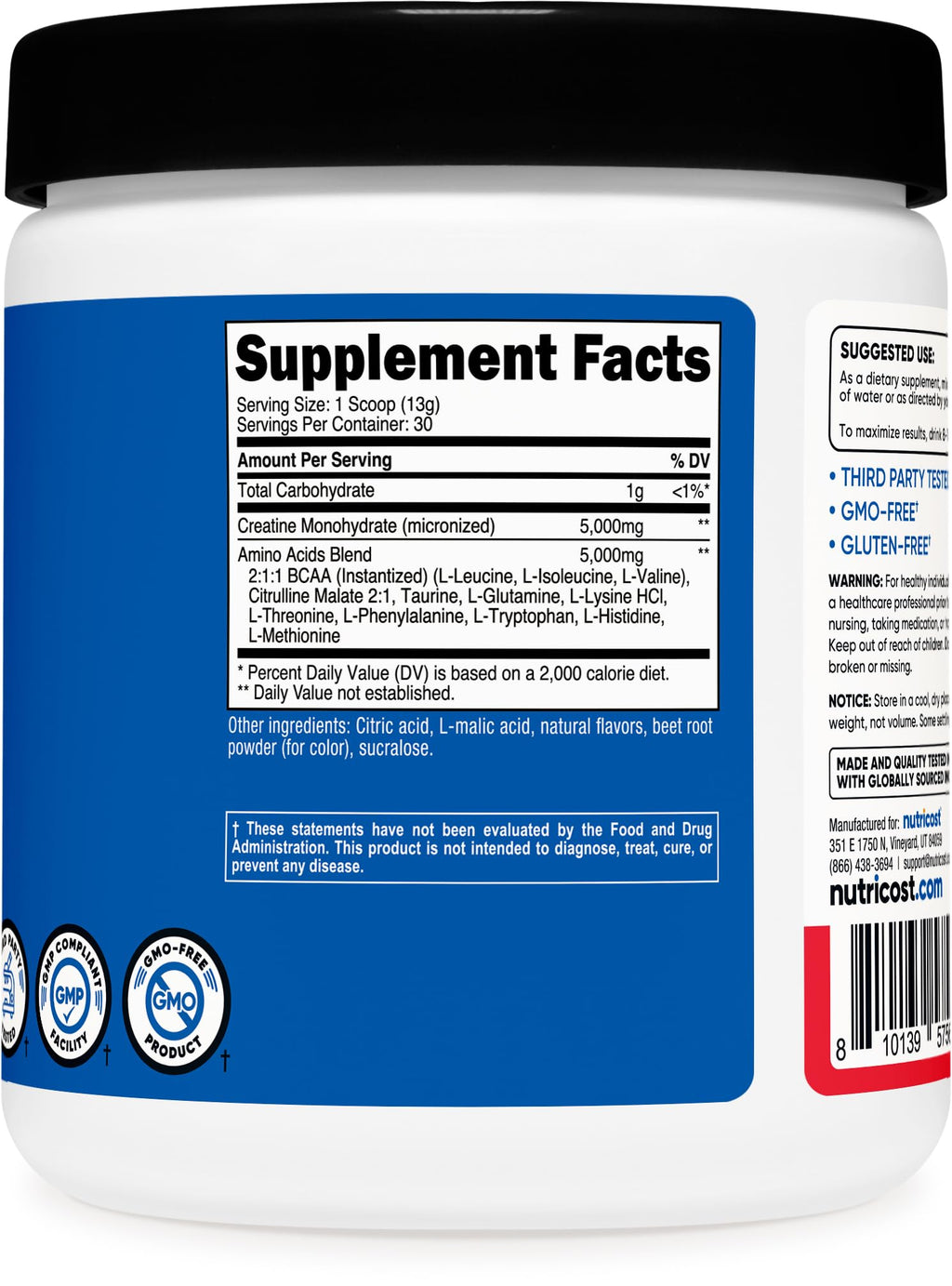 Nutricost Creatine + Aminos 30 Servings (Fruit Punch Flavored) - 5,000mg Creatine Monohydrate + 5000mg Amino BCAA Blend Per Serving