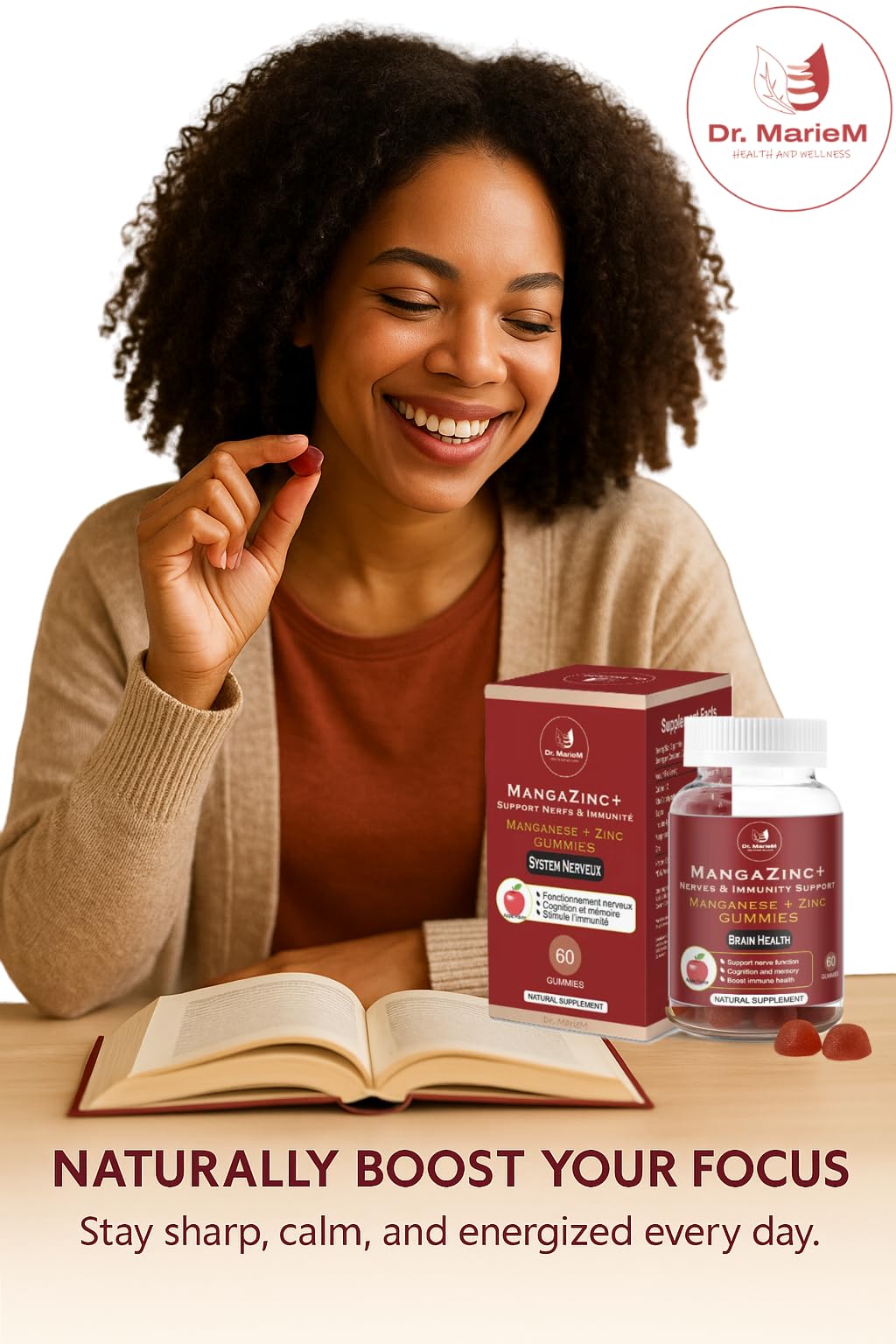 Dr. MarieM MangaZinc+ Gummies – Manganese + Zinc for Nerve Function, Cognitive Support & Immune Health – Apple Flavor – 60 Gummies