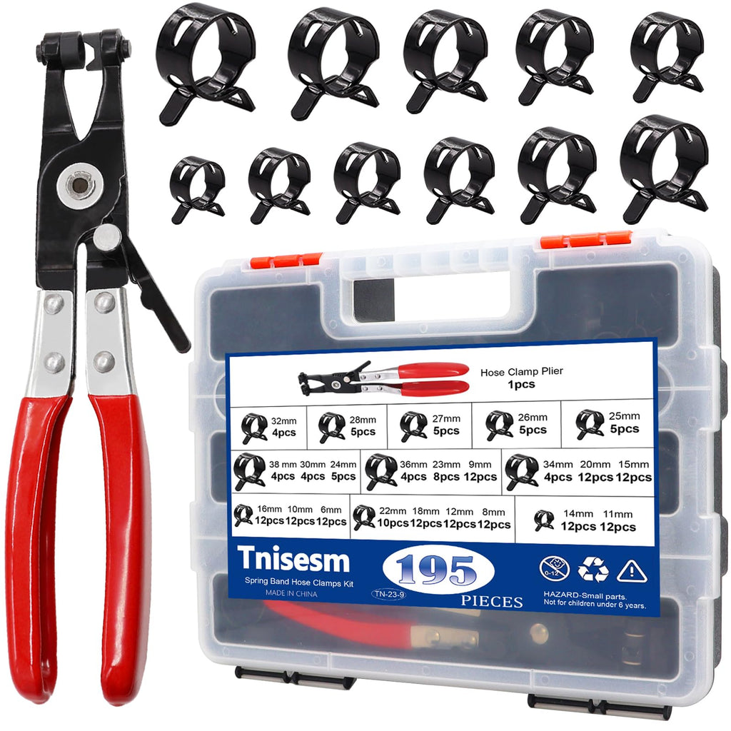Tnisesm 195Pcs 6-38mm Spring Band Hose Clamps Assortment kits with Swivel Flat Fuel Hose Clamp Plier - 23 Sizes Silicone Vacuum Hose Pressure Air Clip Clamp