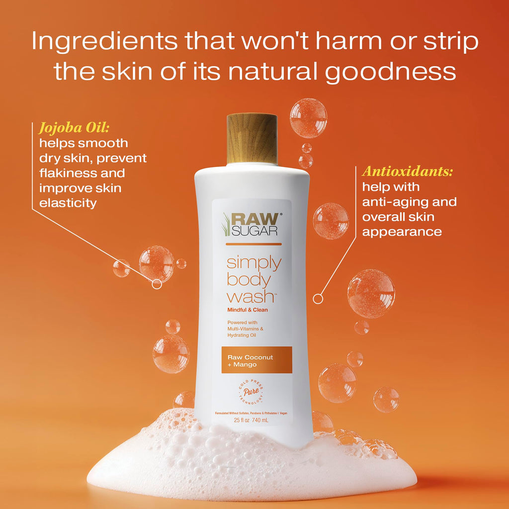 RAW SUGAR Coconut Mango Glow Gentle & Hydrating Body Wash, 20 Fl Oz (Pack of 3), Moisturizing & Brightening Bath & Shower Gel, Vegan, Formulated without SLS/SLES & Parabens