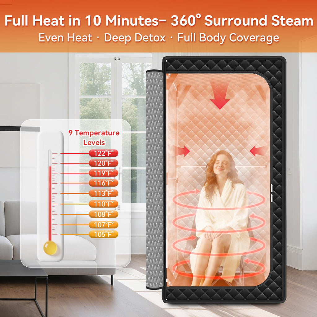 Gozuna Upgraded Portable Sauna for Home, Large Size Personal Sauna Box with 3L 1300W Steamer, Big Folding Chair, 9 Levels Heat, Full Body Steam Room Tent for Home Relaxation Spa 3'x3'x5.9' Black