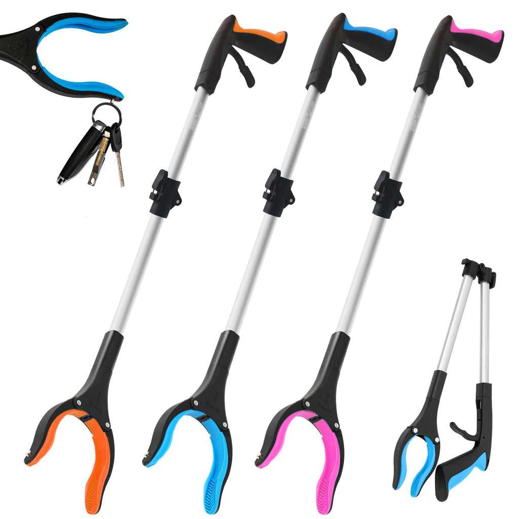 32" Grabber Reacher Tool – 3 Pack Foldable Reacher Grabber Pickup Tools for Seniors, Disabled, Trash Pickup, and Hard-to-Reach Areas, Ergonomic Grip & Lightweight Design（Orange Blue Pink）