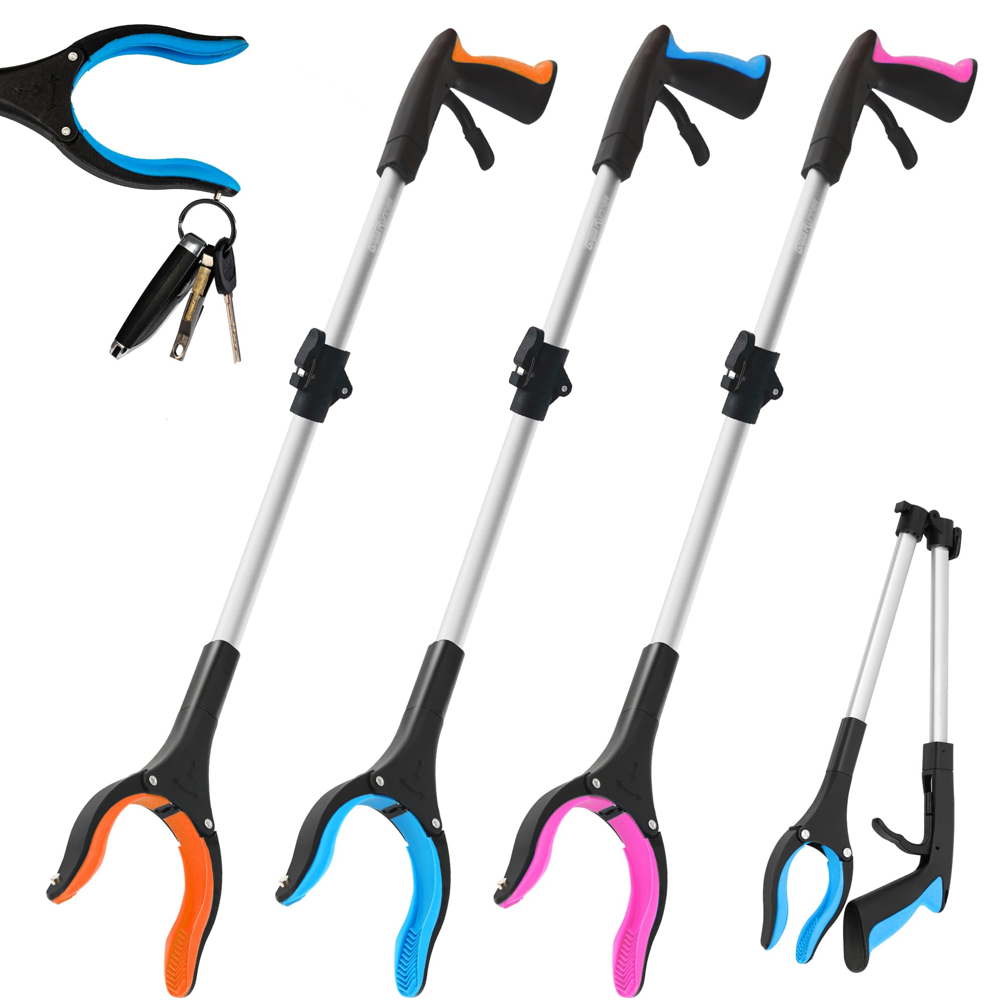 32" Grabber Reacher Tool – 3 Pack Foldable Reacher Grabber Pickup Tools for Seniors, Disabled, Trash Pickup, and Hard-to-Reach Areas, Ergonomic Grip & Lightweight Design（Orange Blue Pink）
