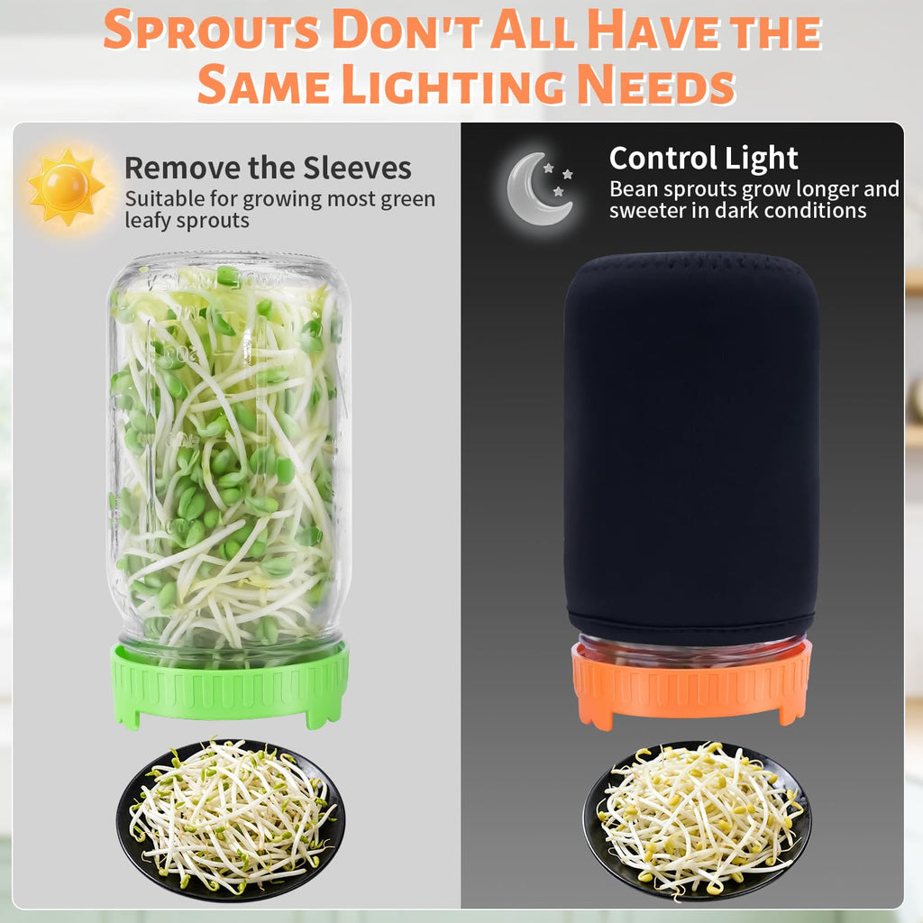 Seed Sprouting Jar Kit with Mung Beans 2.9oz, 2 Wide Mouth Mason Jars with Sprouting Lids, Drain Tray Blackout Sleeves, Sprouts Growing Kit for Growing Bean, Broccoli, Alfalfa, Radish Sprout Seeds