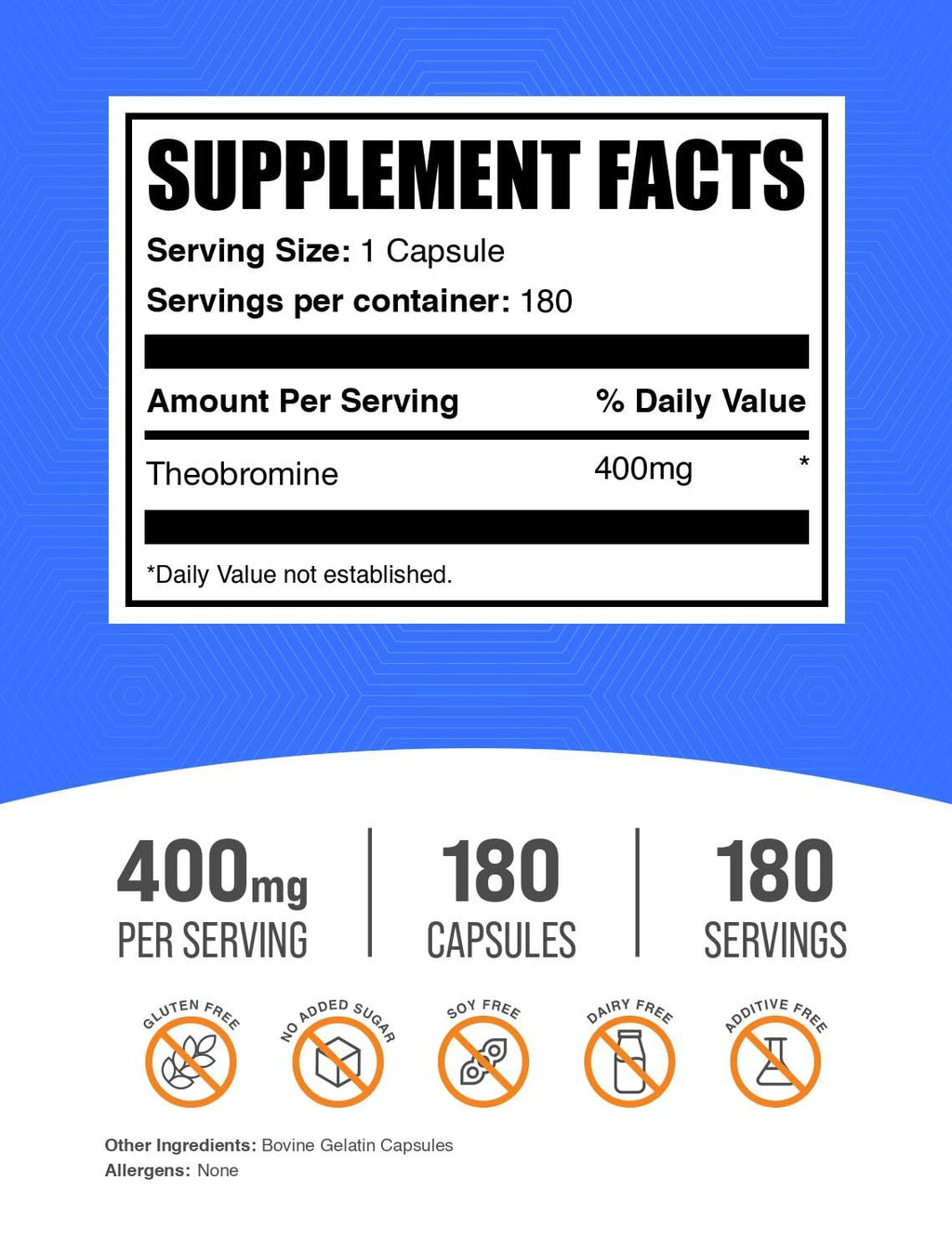 BulkSupplements.com Theobromine Powder - Theobromine Supplement, Nootropic Supplement, Theobromine 400mg - Brain & Energy Support - Gluten Free, 1 Capsule per Serving, 180 Capsules