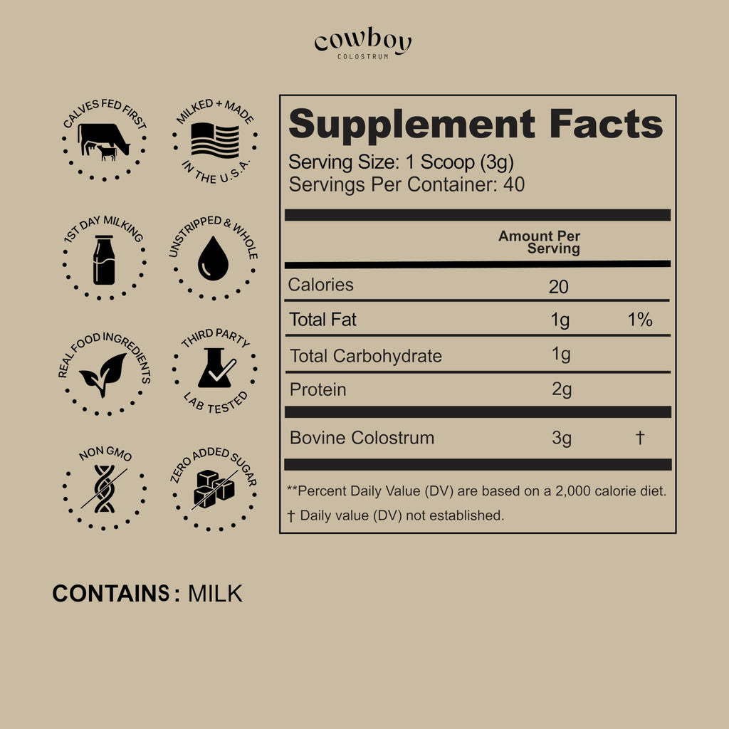Cowboy - The Exclusive 1st Milking, Whole, Grass Fed Colostrum Supplement for Full Body Health - Bovine Colostrum Powder Packed w/Bioactive Nutrients - Sugar Free (Unflavored, 40 Servings)