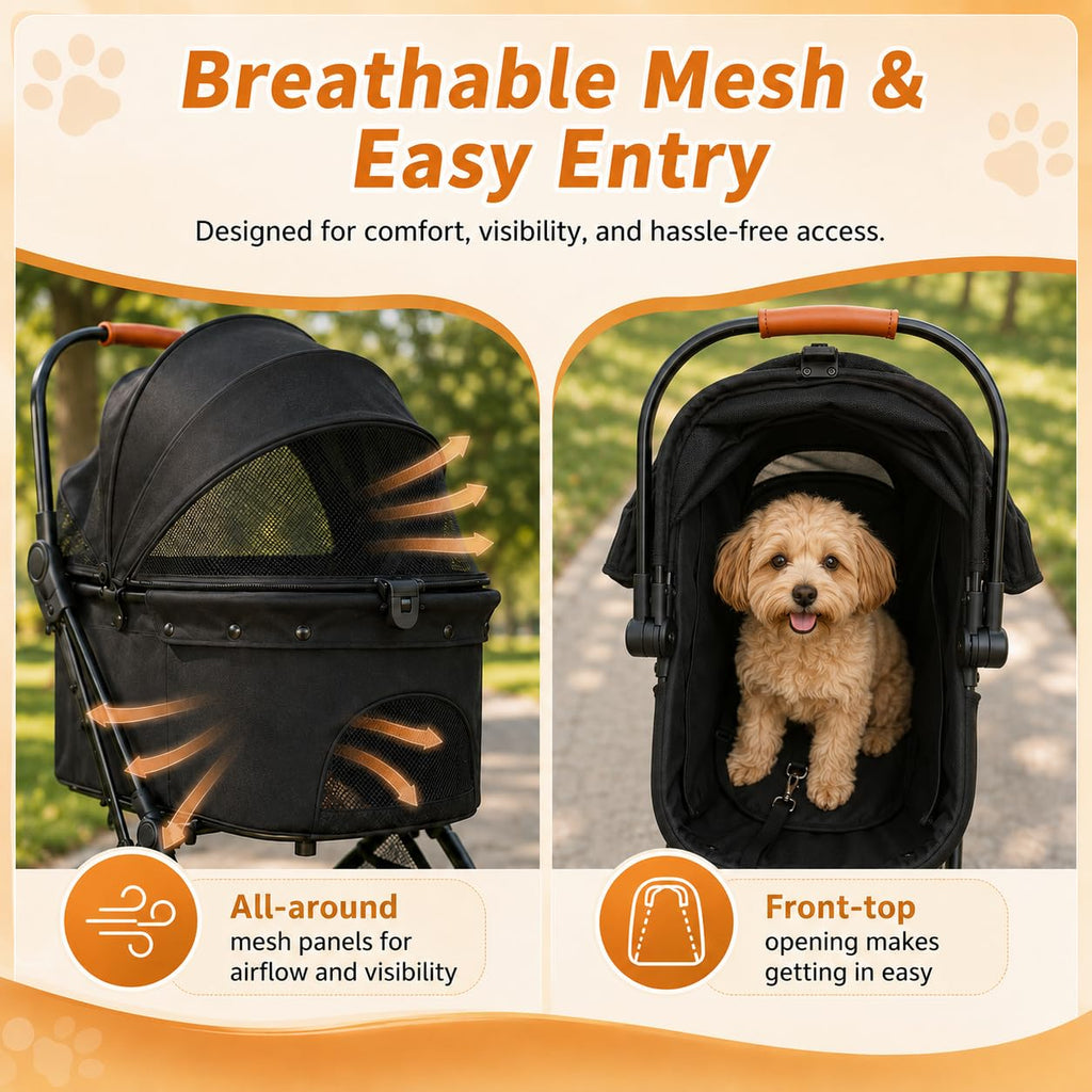 VRHOT Pet Stroller for Small Dogs and Cats, Detachable Dog Cat Stroller with All-Terrain Shock Absorbing Wheels, One-Click Foldable Design, Adjustable Canopy (Black)