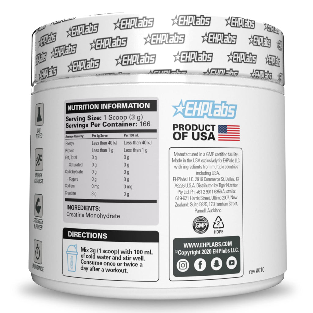 EHP Labs CREA-8 Micronized Creatine Monohydrate Powder - Unflavored Creatine Powder for Muscle Growth, Increased Strength, Enhanced Energy Output and Improved Performance - 100 Servings (500g)