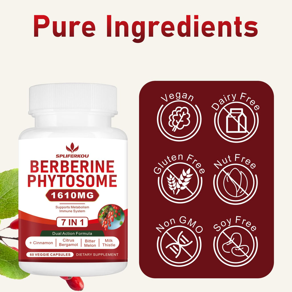 Spliferkou 7-in-1 Berberine Phytosome with Ceylon Cinnamon, Berberine Complex Supports Metabolic, Liver Function and Immune System, Non-GMO - 60 Capsules