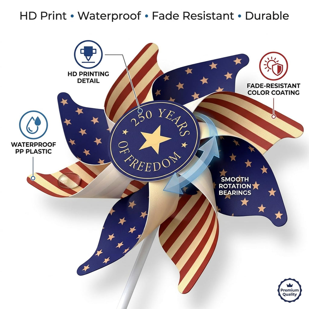 250th Anniversary USA Freedom Wind Spinners, Patriotic Pinwheels Red White Blue Decor for 4th of July Memorial Day Yard Lawn Parade Party, 12Pcs America 250 Decorations 1776-2026