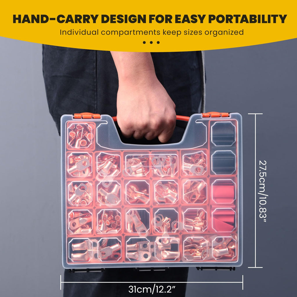 TKDMR 264 PCS Battery Cable Ends Kit,132 PCS AWG 8 6 4 2 1/0 2/0 Heavy Duty Copper Wire Lugs Ring Terminals,Battery Cable Lugs Eyelets Terminal Connectors with 132 PCS 3:1 Heat Shrink Tubing