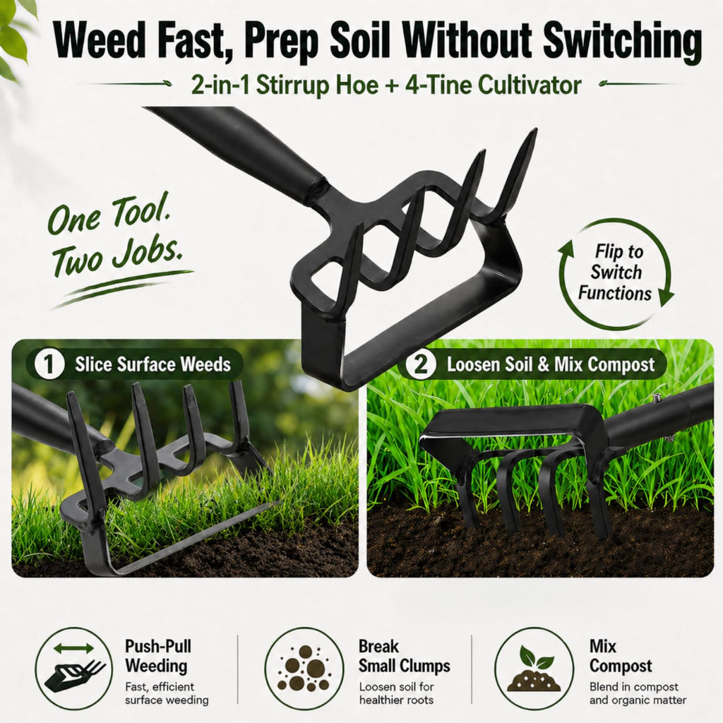 Garden Hoe with Cultivator Rake, 2-in-1 Heavy Duty Action Stirrup Hoe with Sharp Blade,60" Adjustable Long Handle Loop Scuffle Hoe for Fast Weeding, Loosening Soil, Aerating and Mixing Compost