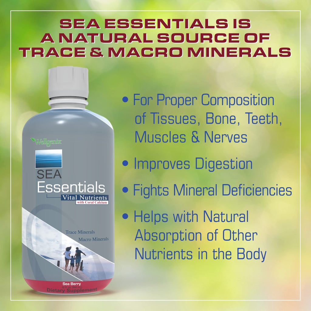 Wellgenix Sea Essentials Liquid Mineral Dietary Supplement with Trace and Macro Minerals and Coral Calcium – Sea Berry Flavor – 32 fl oz