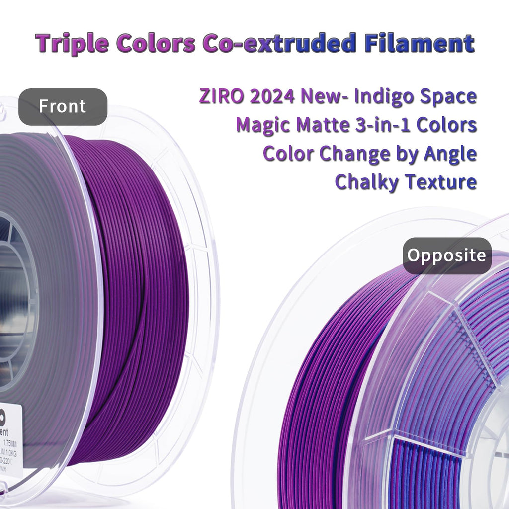 ZIRO Matte Tri-Colors PLA Filament, Magic Color Change by Angle Filament 1.75mm, No-Shine Texture PLA, Dimensional Accuracy +/-0.03mm, Fit Most 3D Printer, Matte 1KG Spool, Indigo Space