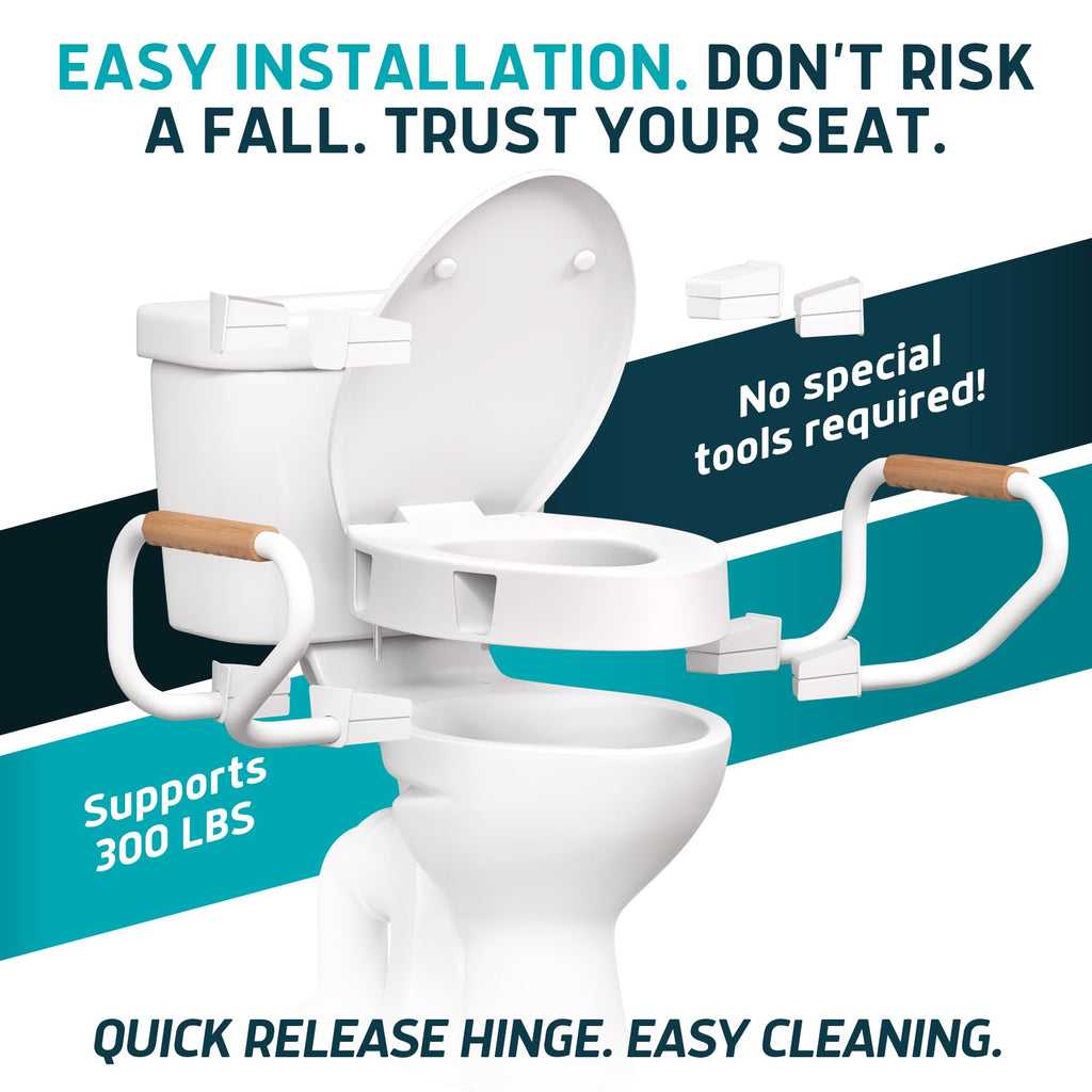 Lunderg Raised Toilet Seat with Handles - Elongated - Easy to Install Toilet Seat Risers for Seniors - Adds 3 Inches & Works like the one you’ve always used - Elegant design - No Hospital Vibe