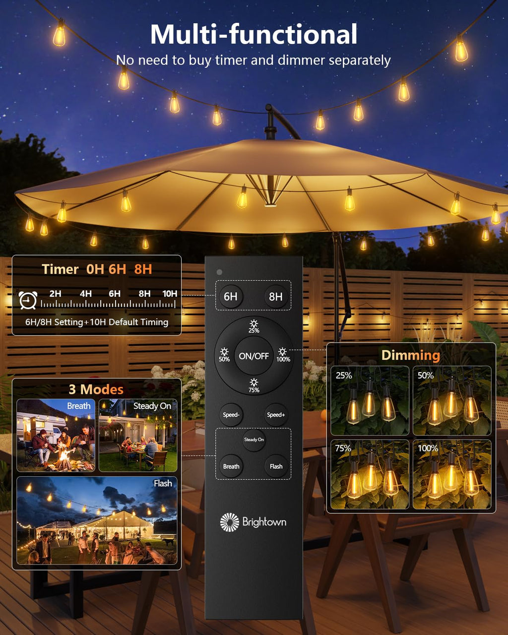 Brightown 100FT Solar String Lights Outdoor Waterproof with Remote, 31+2 LED Shatterproof Bulbs, Dimmable & Timable, 3 Light Modes - Commercial Grade Patio Lights for Garden Backyard Party Decor